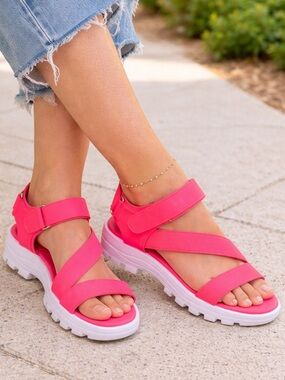 Soda Neon Pink Platform Sandals Size 8 | Chunky Sporty Y2K Barbiecore